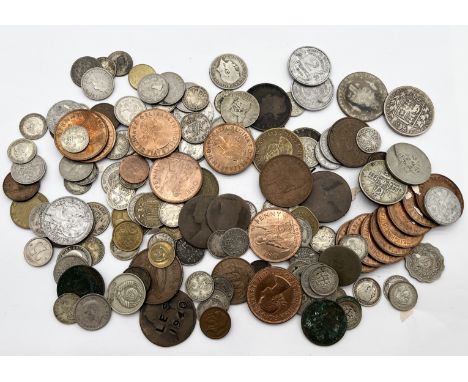 A collection of various coinage including some silver, Victorian half crown etc.