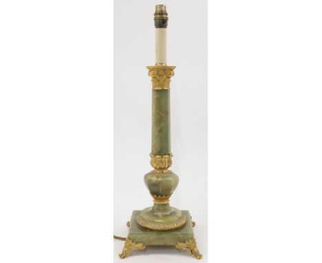 A green onyx and gilt metal mounted table lamp, 20th century, of Corinthian composite column form with gilt metal capital and