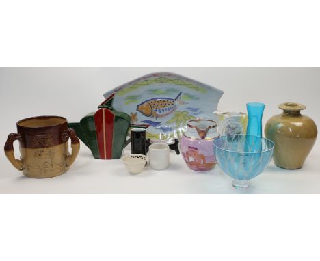 A mixed selection of traditional and modern ceramics and glass, comprising: a late Victorian 'Harvest' stoneware tyg, the thr