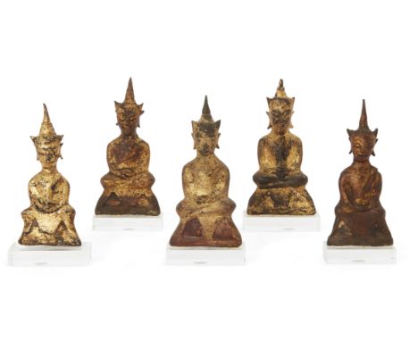 Five Burmese parcel-gilt Buddhas, 18th century, each Buddha with a crown seated on a base with hands in dhyana mudra, possibl