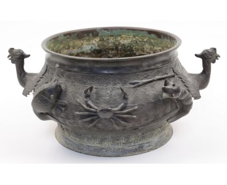 A large Japanese bronze incense burner, Meiji period, cast to the body with Animalia including crabs, carp and lobster, with 