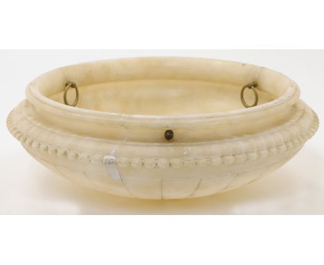 A carved alabaster plafonnier, early 20th century, of typical panelled dome form with beaded border, three suspension ringlet