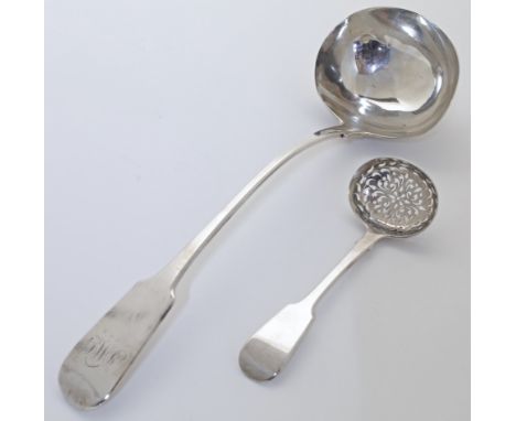 A George IV silver fiddle pattern ladle, London, 1821, Richard Devonshire, with engraved initials to handle, 33cm long, toget