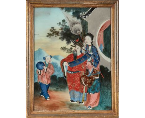 A Chinese reverse glass painting, late Qing dynasty, painted with an official and attendants in a garden scene, 38.5 x 29cm, 