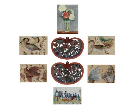 Eight Chinese and Japanese prints and plaques, comprising: a 19th century Chinese pith paper painting, depicting an indoor sc