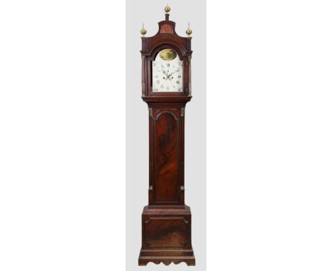 A George III mahogany longcase clock, the pagoda top with three brass finials above brass capped Corinthian columns and pierc