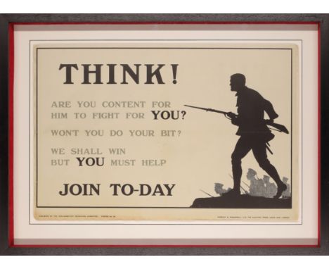 Three wartime posters, 20th century, to include: a First World War recruitment poster: "THINK! Are you content for him to fig