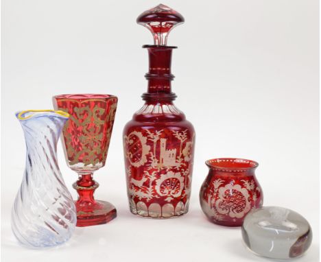 A group of Bohemian cranberry glassware, 19th century, to include: a decanter with double knopped neck etched with motifs of 