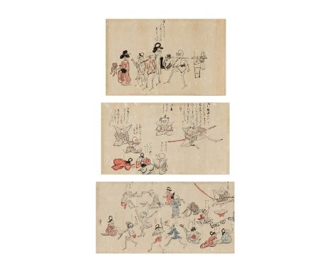 A set of three Japanese Toba-e paintings, Edo period, the comic figures painted with ink and colour on paper, depicting vario