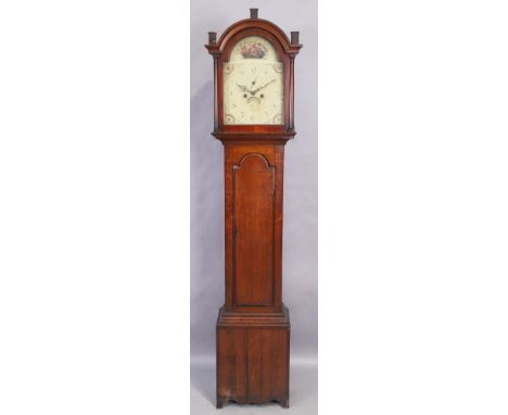 A George III oak and mahogany longcase clock, first half 19th century, the broken arched cornice over later mahogany door wit