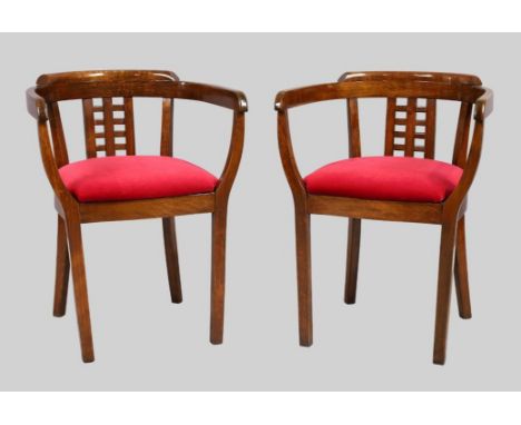 A pair of bentwood tub chairs, 20th century, with red velour upholstered seats (2)Condition Report:  light scratches to wood,