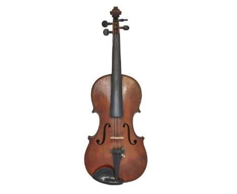 A student violin, 20th century, with 14" one piece back, in black painted wooden case, together with a bow, with round stick,