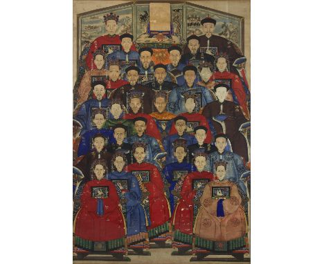 Chinese School, Qing dynasty, 19th century, a large ancestor group portrait depicting thirty-two seated figures in front of a