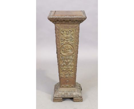 A Renaissance revival embossed brass clad pedestal, last quarter 19th century, each side with central portrait and floral des