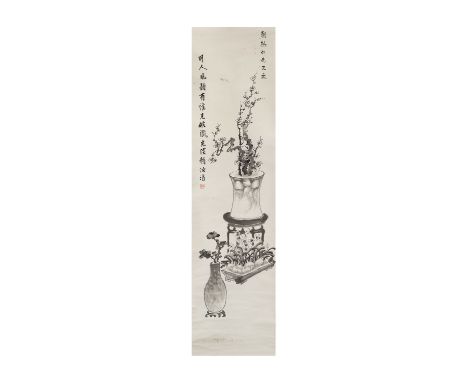 A Chinese ink painting, 'Sui Chao Qing Gong', 20th century, ink on paper, hanging scroll, 135 x 33cm    歲朝清供圖二十世紀水墨紙本，立軸款識： 可