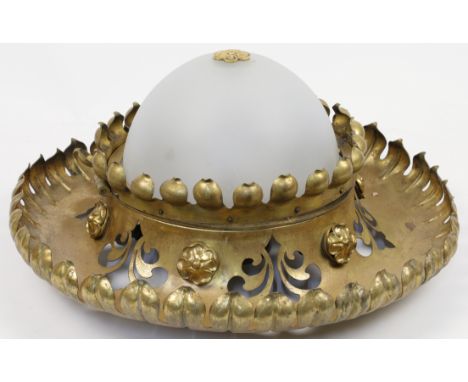 A large gilt metal and frosted glass ceiling light, 20th century, the frosted glass shade held in a central fitting with gall