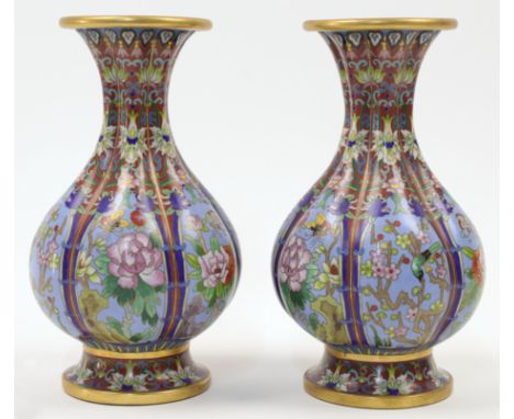 A pair of Chinese lobbed cloisonné enamel vases, 20th century, the pear shaped vase with splayed foot rising to thin neck and