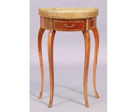 A French marble top demi lune walnut side table, 20th century, brass gallery top above single drawer, on cabriole legs, 74cm 