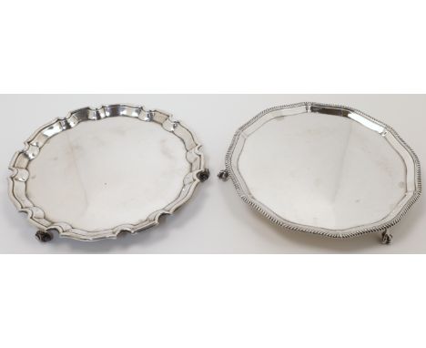 Two silver salvers, comprising: one of circular form with shaped rim, Sheffield, 1930, Harrison Brothers &amp; Howson (George