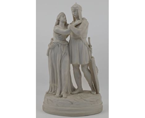 A Victorian parian figural group of Lancelot and Guinevere, unmarked, 19th century, the two figures embracing, standing atop 