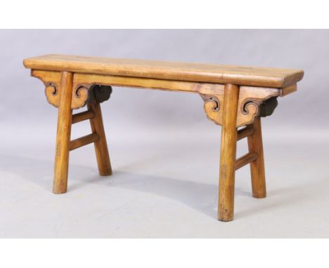 A Chinese elm bench, early 20th century, 51cm high, 110cm wide, 19cm deepCondition Report:  scratches and knocks to wood, 