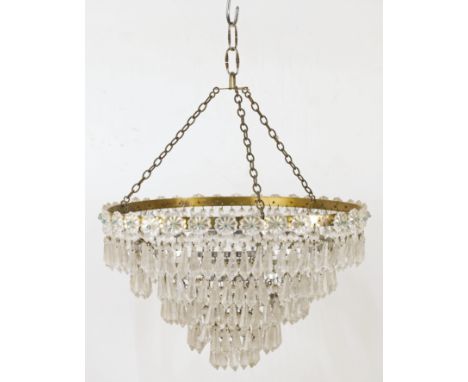 Two ceiling lights and a pair of twin light wall appliques, 20th century, the first a basket chandelier with cut glass drople