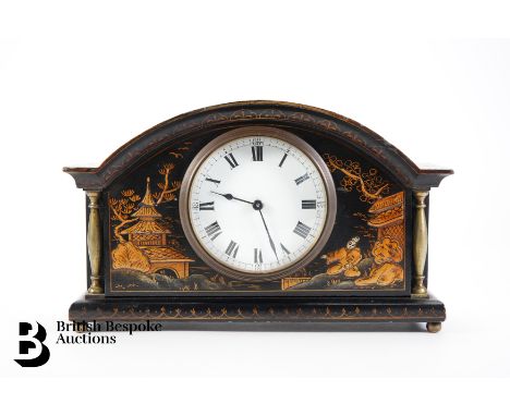 20th century black Chinoiserie clock, white enamel face with Roman dial, Buren movement, approx 24 cms width x 8.3 cms.&nbsp;