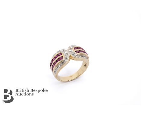 14ct yellow gold ruby and diamond ring. The double horseshoe ring set approx 20 pts of dias and twenty-four 1mm rubies from 1