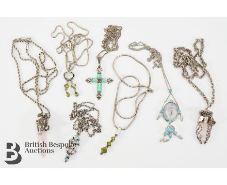 Collection of silver and semi-precious stone necklaces on silver chains including rose quartz, amethyst, moonstone, topaz etc