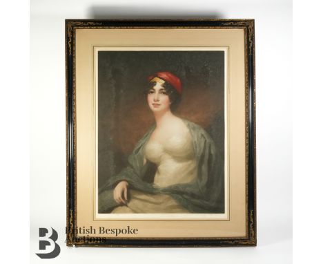 Coloured mezzotint, Mrs Hume Drummond (after Sir Henry Raeburn RA), by Louis Busiere (1880-1960), portrait of a young woman i