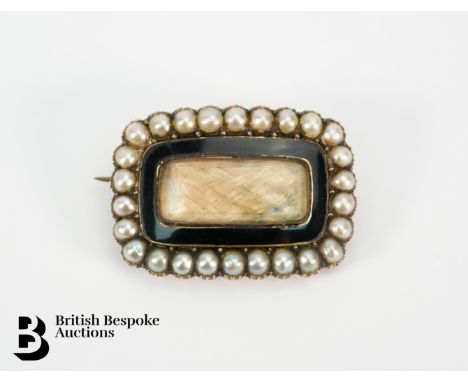 Early 19th century 14ct gold, enamel and seed pearl mourning brooch, in memory of H. Styleman March 1819, approx 23 x 17mm ap