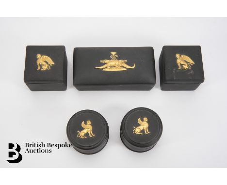 Wedgwood black basalt Egyptian collection comprising crocodile trinket box, two circular trinket boxes and two square trinket