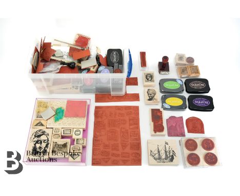 Box of crafting and stationery stamps together with a quantity of different coloured inks, some used and some still sealed. W