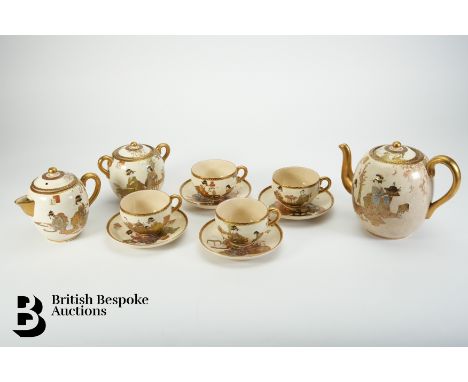 Japanese Satsuma tea set, Meiji period, comprising tea pot, four cups, four saucers, lidded tea pot, lidded milk, figures in 