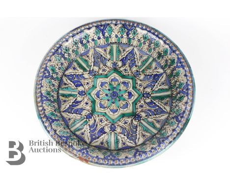 Antique ceramic Turkish bowl, Iznik in style, decorated with blue, teal green and white glaze, measures approx. 33.5 cms diam
