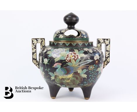 Large cloisonné koro and cover, decorated with exotic birds, peony and prunus blossom, of circular form supported on three ta