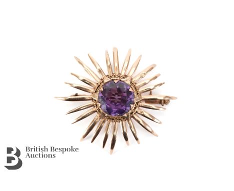 A vintage 14ct rose gold starburst amethyst brooch, 40mm, 8gms.