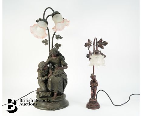 A large spelter lamp base, cast with two children clutching a birds nest, entitled Confidence, approx 74 cms h, with two opaq