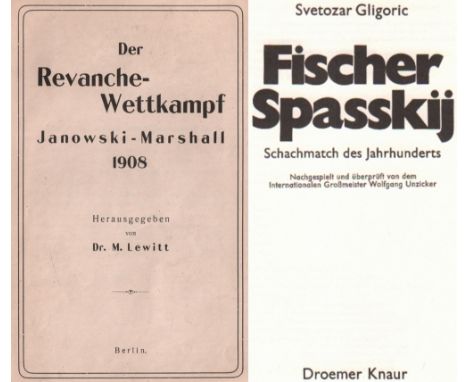 Janowski – Marshall. Lewitt, M. (Hrsg.) Der Revanche - Wettkampf Janowski - Marshall 1908. Berlin (1908). 8°. Mit 8 Diagramme