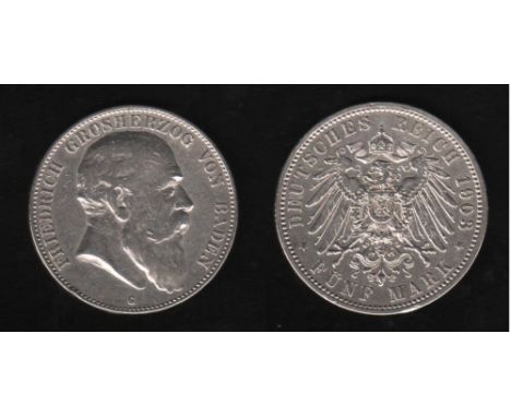 Deutsches Reich. Silbermünze. 5 Mark. Friedrich I., Großherzog von Baden. G 1903. Vorderseite: Porträt Großherzog Friedrich I