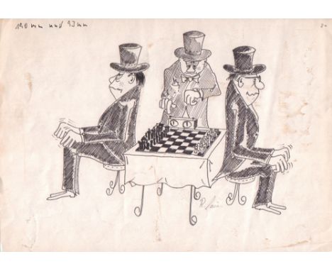 Sauer, Rudolf. (Schachspieler). Tuschzeichnung auf leicht getöntem Papier (Mischtechnik). Signiert "R. Sauer", nicht datiert,