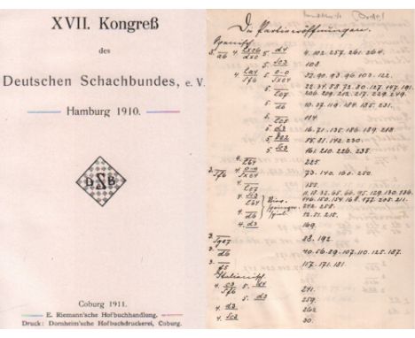 Hamburg 1910. XVII. Kongreß des Deutschen Schachbundes, e. V. Hamburg 1910. (Hrsg. von M. Bier, J. Dimer, P. Lipke u. a.) Cob