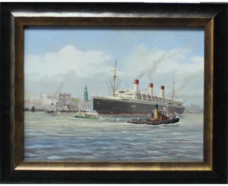 Hamburg. Roskamp, Klaus. (Die Cap Arcona im Hamburger Hafen) nach einer historischen Vorlage. Ölgemälde auf Leinwand über Kei