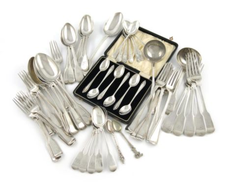 A mixed lot of silver flatware, various dates and makers, comprising Fiddle and Thread pattern: a set of four tablespoons, by