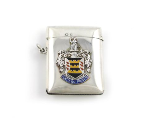 A silver and enamel vesta case, by Mappin and Webb, Birmingham 1921, rectangular form, the front applied with an enamelled ar