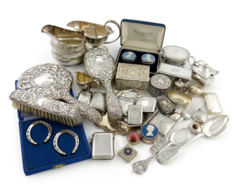 A mixed lot of silver items, comprising: a George III provincial cream jug, by Thomas Watson, Newcastle, oval form, engraved 