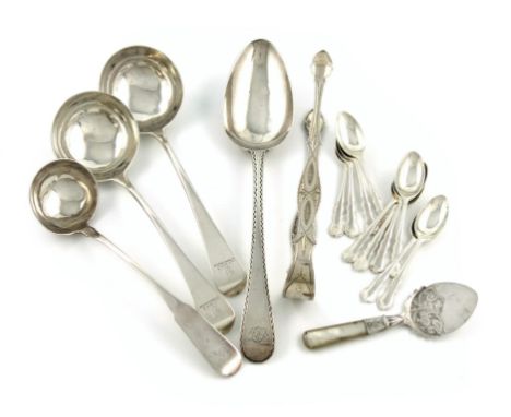 A mixed lot of silver flatware, comprising: a Scottish provincial Fiddle pattern toddy ladle, by Robert Keay of Perth, a pair