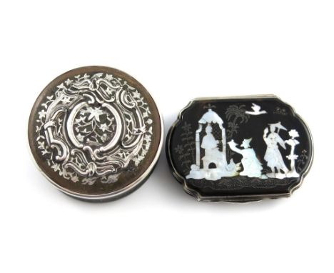 λAn 18th century silver-mounted tortoiseshell snuff box, shaped rectangular form, the hinged cover set with a mother-of-pearl