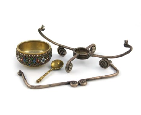 A Russian silver-gilt and enamel salt cellar, Moscow 1881, circular form, with vari-coloured enamel decoration on a matted gr