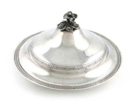 An Egyptian silver dish and cover, circular form, the domed pull-off cover with a flower finial, diameter 23.5cm, approx. wei